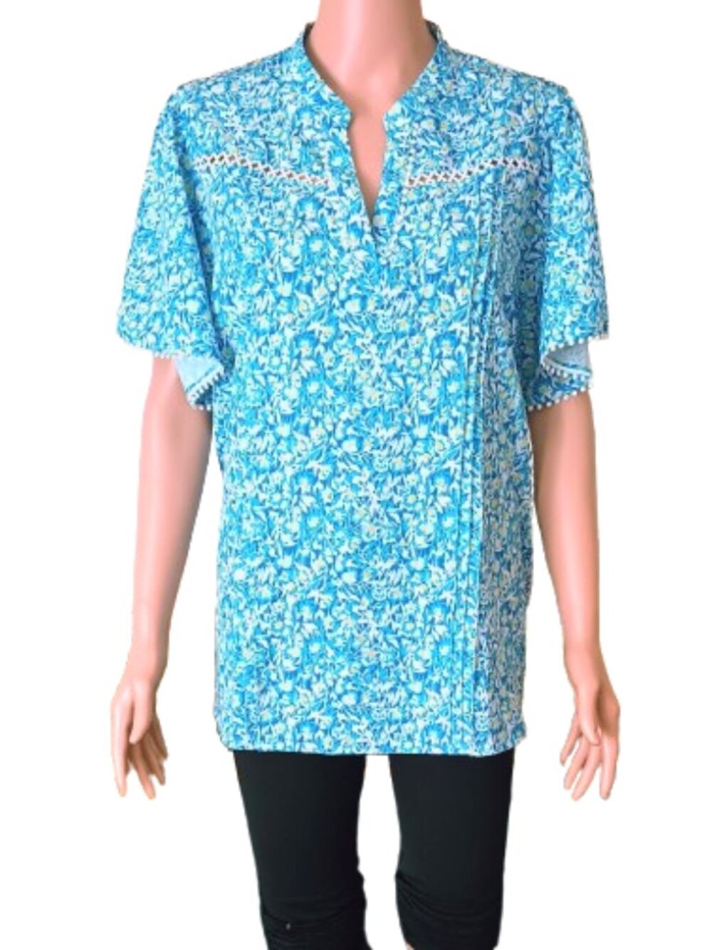 Kate Kasin Floral Pintuck Top XL Blue Short Flutter Sleeve White Trim Blouse